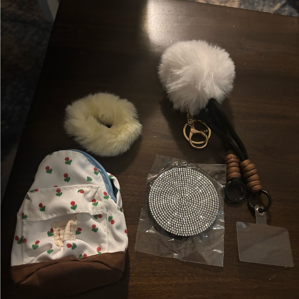 Kids Pom Pom Keychain Accessory - White Faux Fur